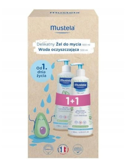 Mustela Bebe żel do mycia włosów i ciała 500 ml + woda oczyszczająca bez spłukiwania 500 ml